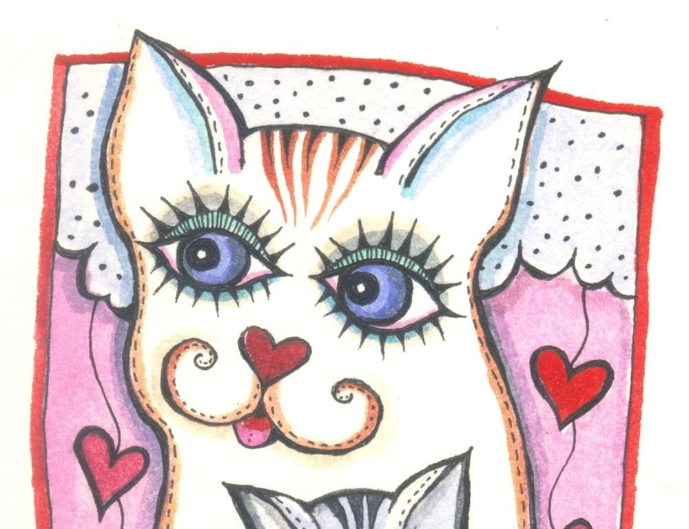 Cats - Original Watercolor Painting - Cat Illustration - Valentines Day - Kids Nursery - hearts - Pink - molMolly