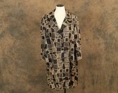 vintage 50s Swing Coat - Abstract Black and Beige Satin Coat Sz XL XXL