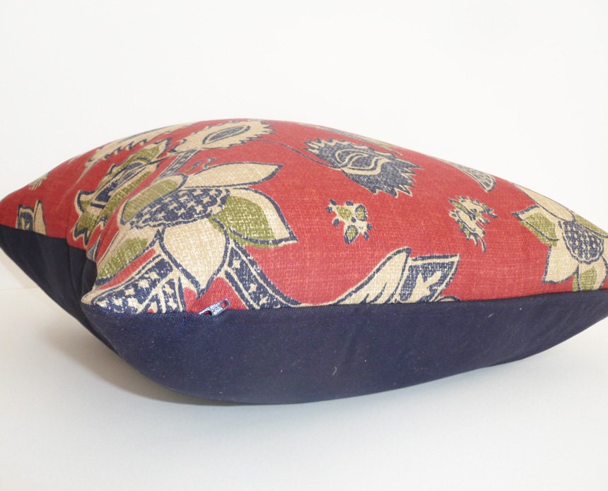 Red and Blue Throw Pillow, 14x18, Country Floral Cushion Cover, Oblong, Dark Red Navy Blue, Rustic Lodge Decor NEW