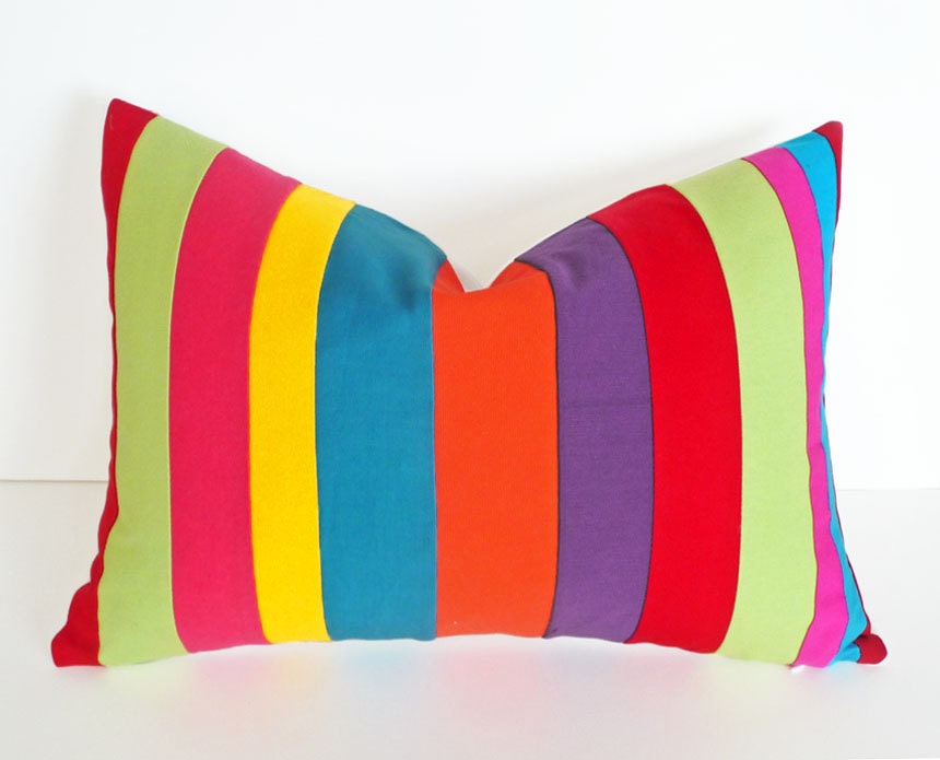Neon Bright Color Band Pillows, Colorful Couch Cushion Covers, NEW, Stripes, Striped, Color Block, Boho Chic, Oblong Rectangle 14x20