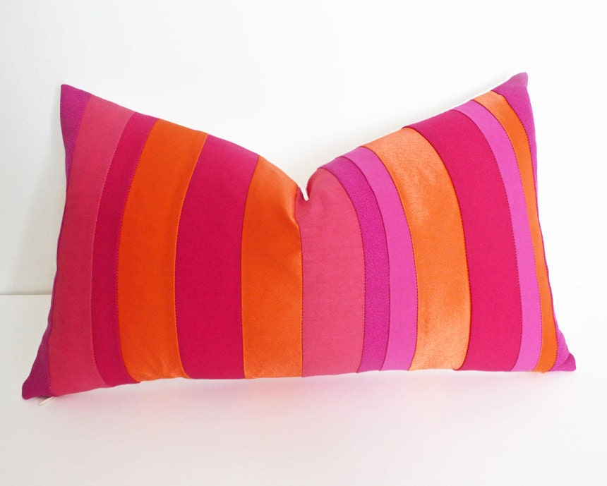 Vibrant Neon Color Band Pillow, Eclectic Dorm Decor in Red Pink Orange, Color Block, Striped Throw Cushion Covers, Unique, Lumbar 12x20