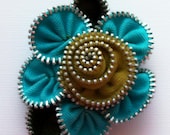 Turquoise and Mustard Gold Floral Brooch / Zipper Pin by ZipPinning 2337