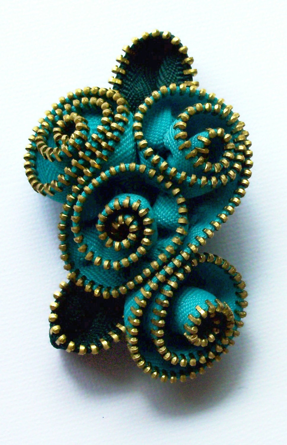Turquoise Spiral Floral Brooch / Zipper Pin by ZipPinning - brass teeth - 2244