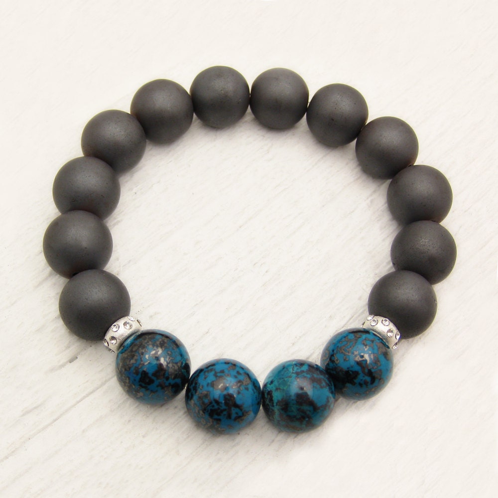 Congo Chrysocolla Bead Bracelet / Blue Green Metallic Black Sterling Silver with Rhinestones / Fine Jewelry / Hematite Earth Globe Pattern