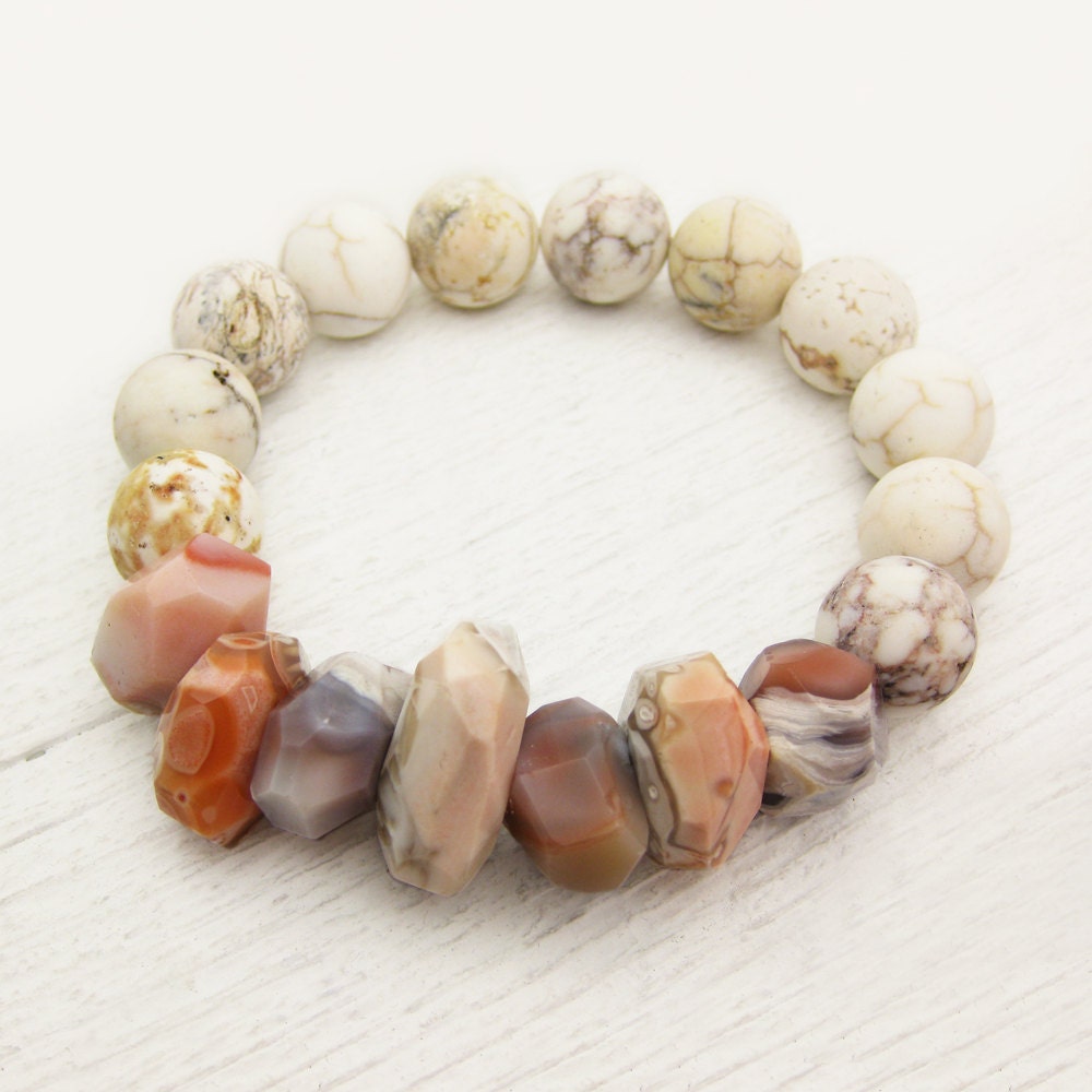 Peach Botswana Agate Bead Bracelet With Magnasite (White Turquoise) / storm cloud grey, cream, orange, white / bohemian beach style