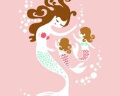 mermaid mother & twin girls. pink, mint/seafoam, brunette . 5X7" giclee print. mothers day gift.