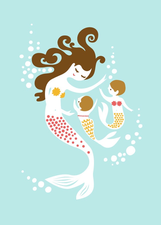 mermaid mother and twin baby girls 5X7 giclee print. aqua, yellow, pink, brunette.