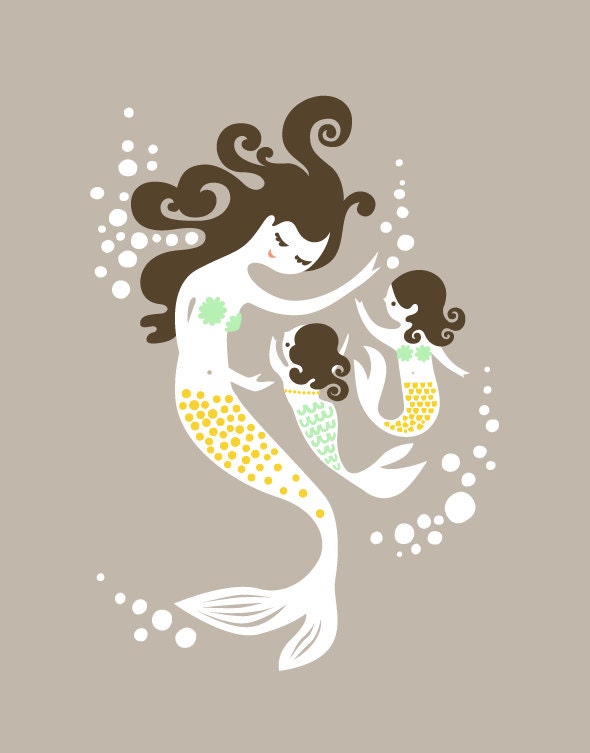 mermaid mother & twin girls. taupe gray, yellow, mint, brunette. 8X10" giclee print on fine art paper. mothers day gift.