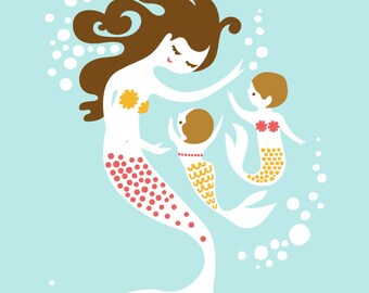 mermaid mother and twin baby girls 5X7 giclee print. aqua, yellow, pink, brunette.