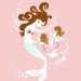mermaid mother & twin girls. pink, mint/seafoam, brunette . 5X7" giclee print. mothers day gift.