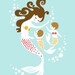 mermaid mother and twin baby girls 5X7 giclee print. aqua, yellow, pink, brunette.