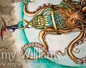 Hanging Around by Moonlight Birdcage Octopus A3 Print