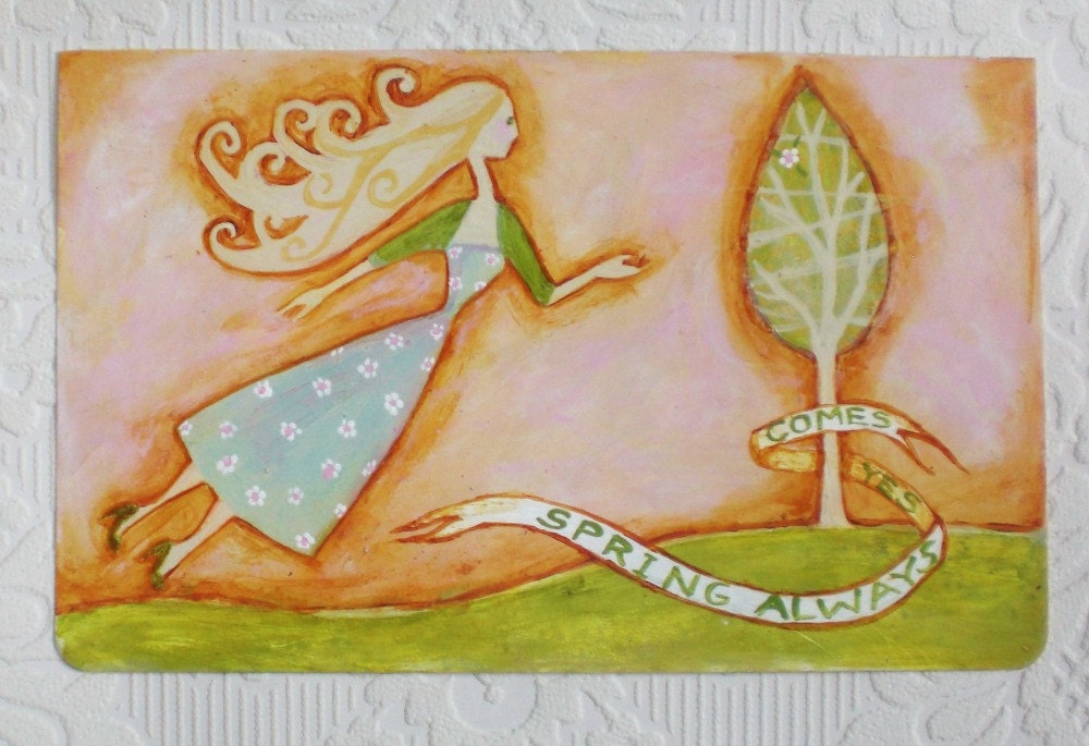 Flying Girl Feels the Stirrings, or Spring Always (Yes) Comes, limited edition print (3/50) of acrylic painting by Rowena Murillo