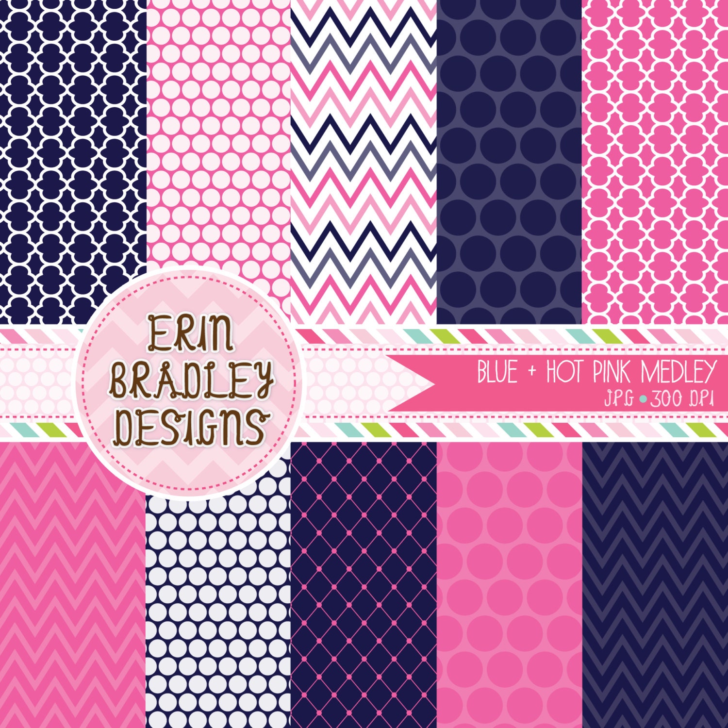 Digital Paper Pack Personal and Commercial Use Blue and Hot Pink