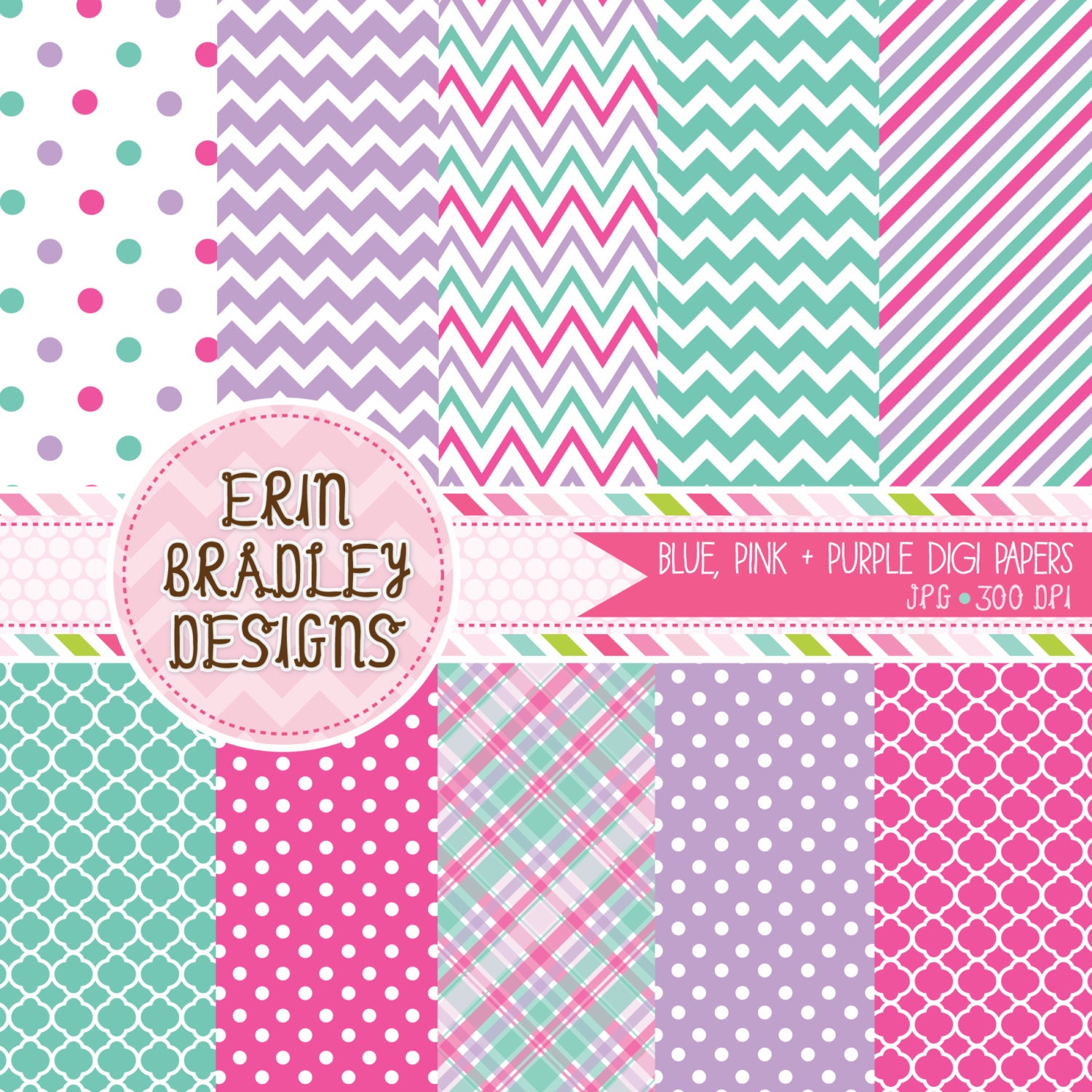 Digital Paper Pack Personal and Commercial Use Blue Pink & Purple Medley INSTANT DOWNLOAD