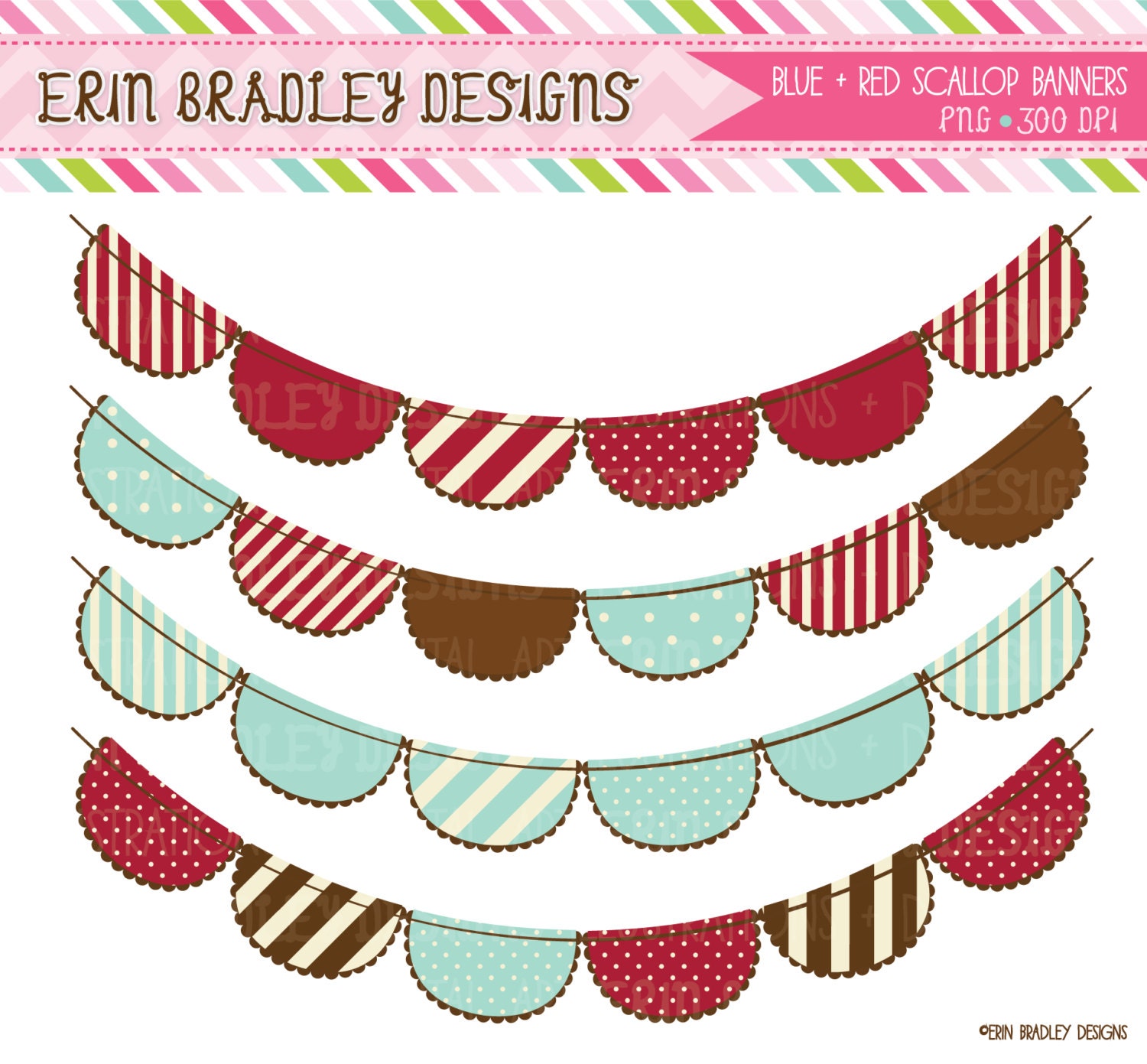 Blue and Red Scalloped Banners Clipart Bunting Clip Art Set Commercial Use