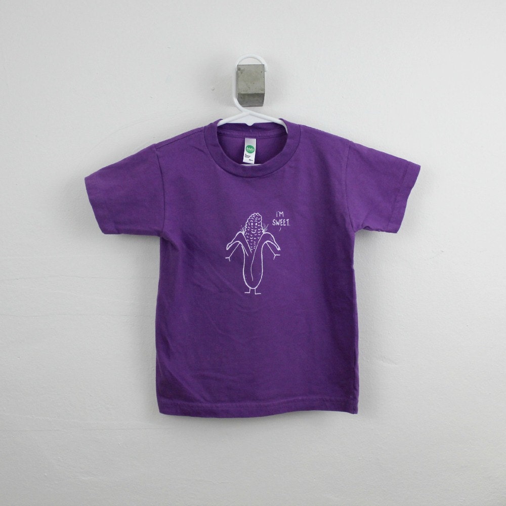 organic toddler food tshirt screen printed sweet corn 2T 4T 6T purple with white ink corn on the cob