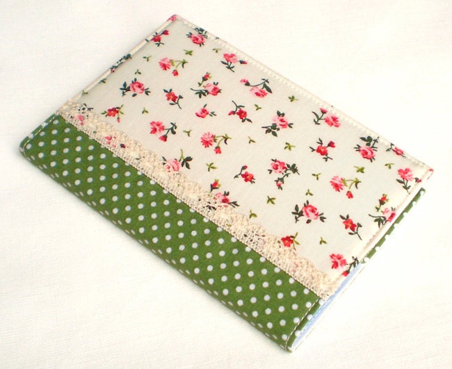 Fabric Journal - Little Red Roses with Green Polka Dots - Handmade Fabric Cover A6 Notebook, Diary - Pink Flowers on White With Lace