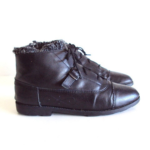 Vintage Black Leather Laced Up Sock Boots Size 8