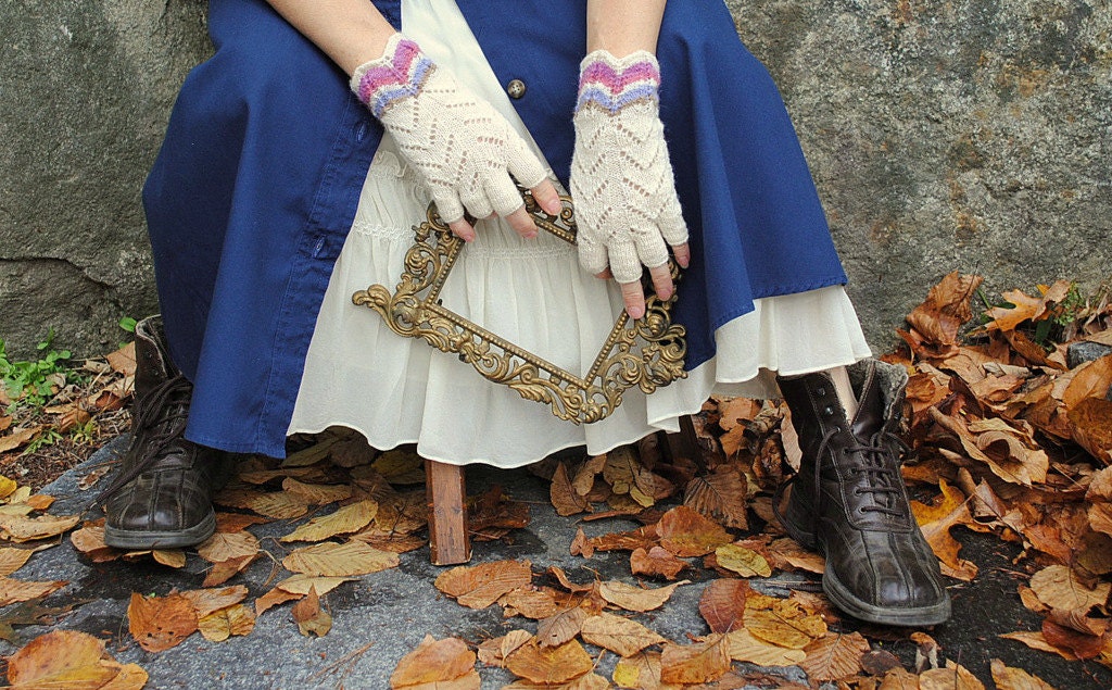 White half finger gloves: knitted lace with purple pattern on cuff. Ready to ship