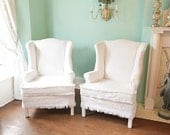 shabby chic wingback chair s vintage bedspread slipcover antique pair matelasse white fringe cottage prairie