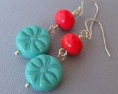Turquoise And Coral Beaded Dangling Earrings