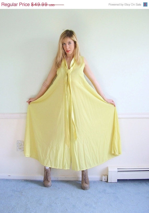 50% OFF. . . Lemon Jelly Vintage 60s 70s Sleeveless Semi Sheer Yellow Wide Leg Jumpsuit MEDIUM M
