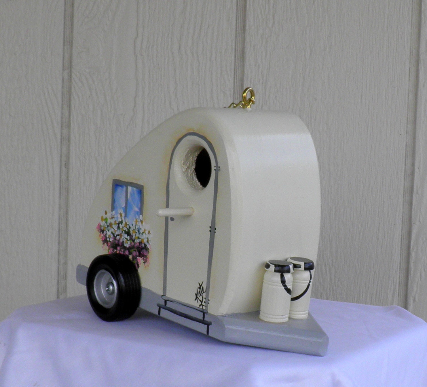 Eco-Friendly Ivory Tear Drop Trailer, Retro, Hand Made, Hand Painted, Unique Design