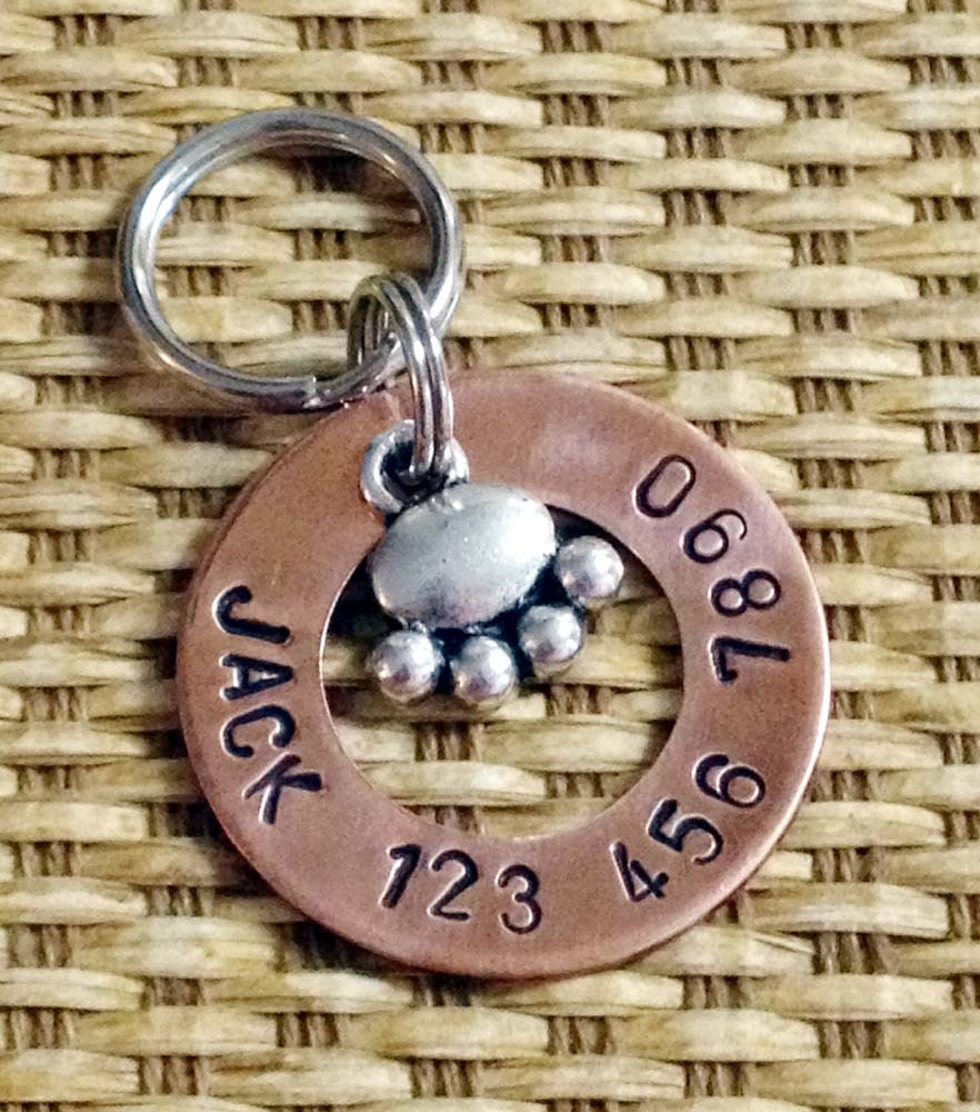 Personalized Pet ID Tag Silver or Copper wih Paw Charm