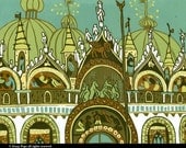 Large hand pulled woodcut about San Marco in Venice Italy