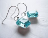 Aquamarine Blue, Vintage Style Glass, Rhinestone Earrings, Octagon, Sterling Silver Ear Wires, Simple, Bridal, Something Blue, Rectangular