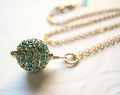 Aquamarine Crystal, Gold Plated Pavé Bead Pendant Necklace, Gold Filled Chain, Wire Wrapped, Aqua Blue, Fireball, Simple, Sparkly, Summer