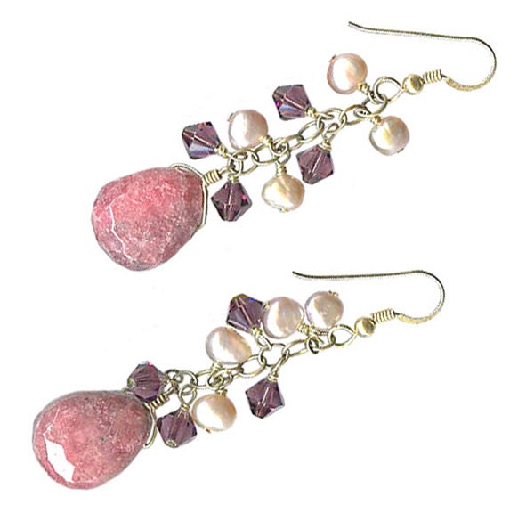 rhodonite chunky briolette mauve pearl purple Swarovski crystal earrings