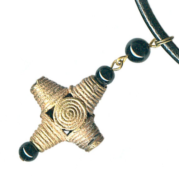 unisex mens leather necklace African Ghana large brass wire cross gemstone