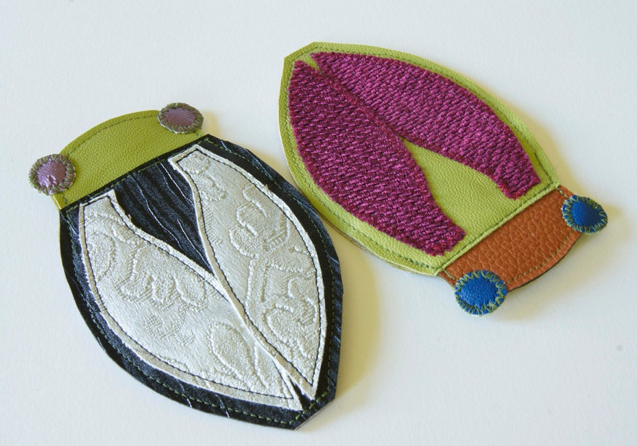 faux leather cicada card holder green, magenta, silver, black