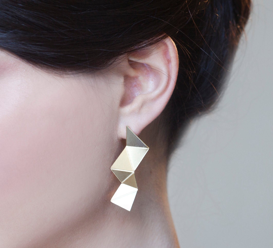 Origami Earrings, gold silver plated post wood geometric jewelry, holiday gift for her under 60
