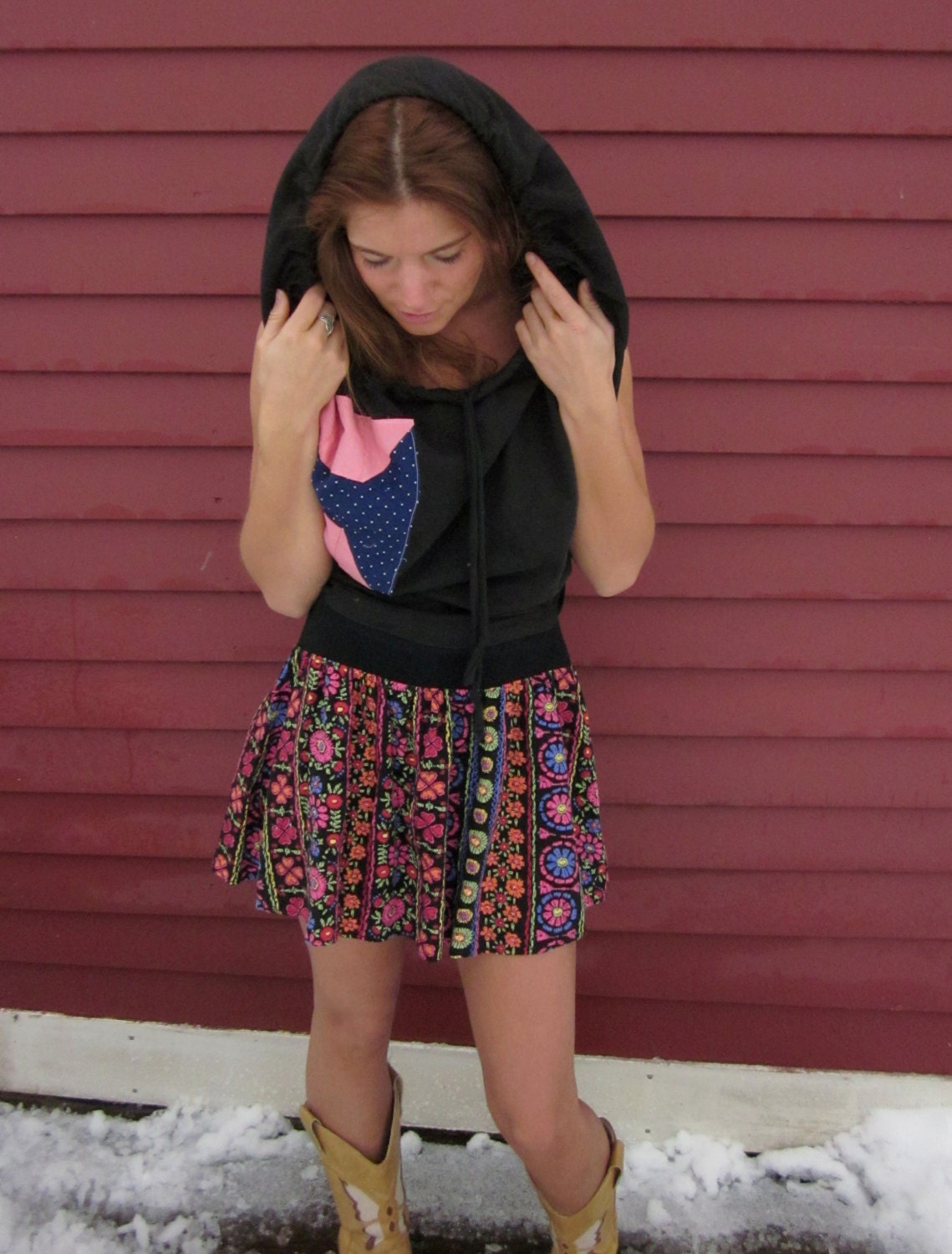 Black Floral Boho Patchwork Hippie Upcycled Covertible Hooded/Cowl/Halter/Backless Mini Dress Size Medium
