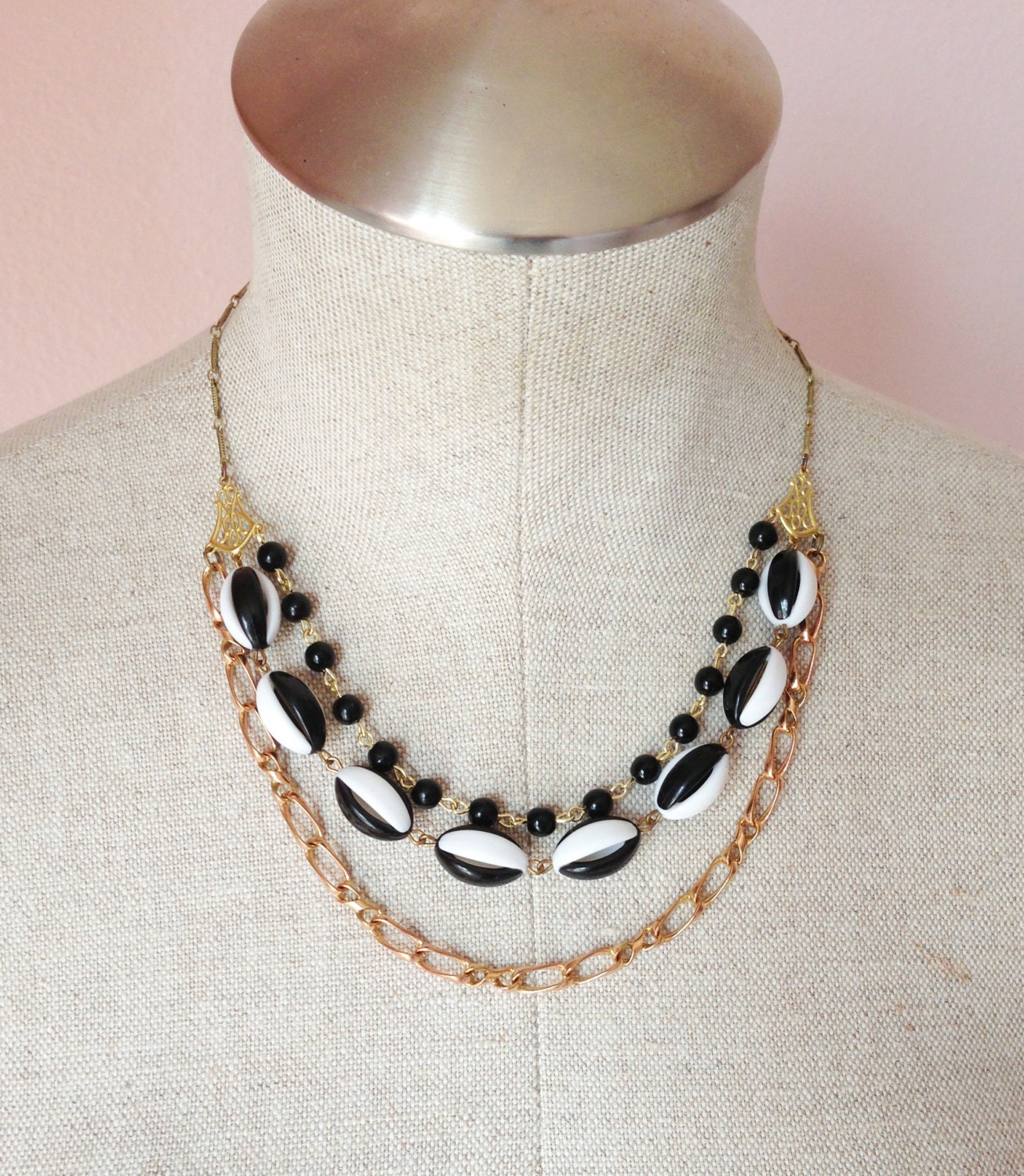 Necklace, layered, three strand, black and white, vintage, statement necklace