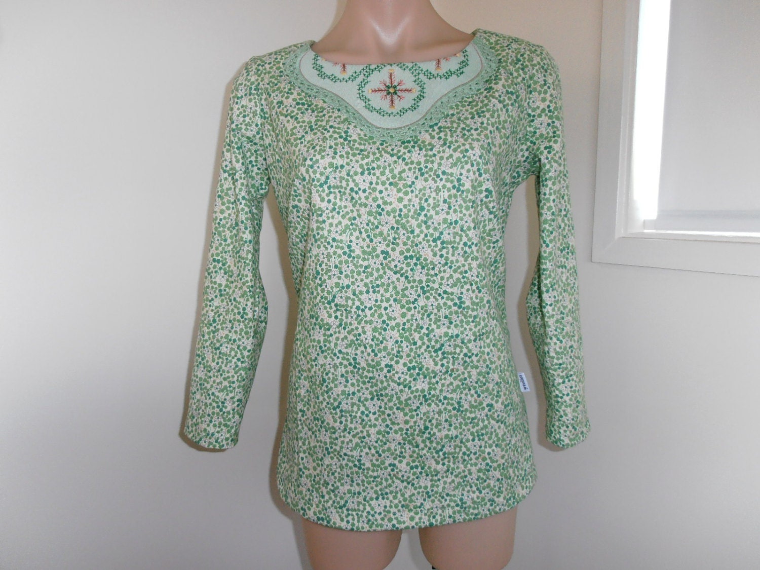 sweet green flowers...long sleeved fitted top in vintage fabrics