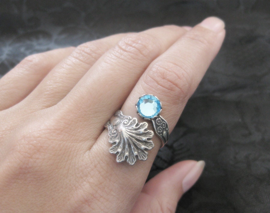Aquatic Dreams - Aquamarine Swarovski and Silver Filigree Bypass Ring