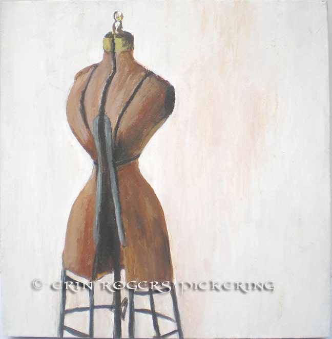 Vintage Dress Form Original Acrylic Painting 6x6 wood panel