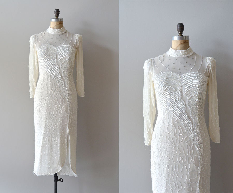 vintage 80s beaded dress / silk chiffon dress / Heartbreaker dress