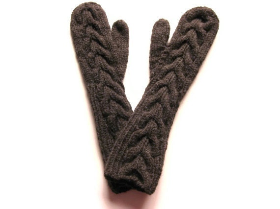 Hand knit Bella mittens - chocolate brown - horseshoe cable - ready to ship
