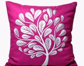 Gray Silver Peacok Tree Decorative Pillow Cover, Dark Purple Linen Gray Silver Flower, Pillow Case 18" x 18", Purple Accent Pillow