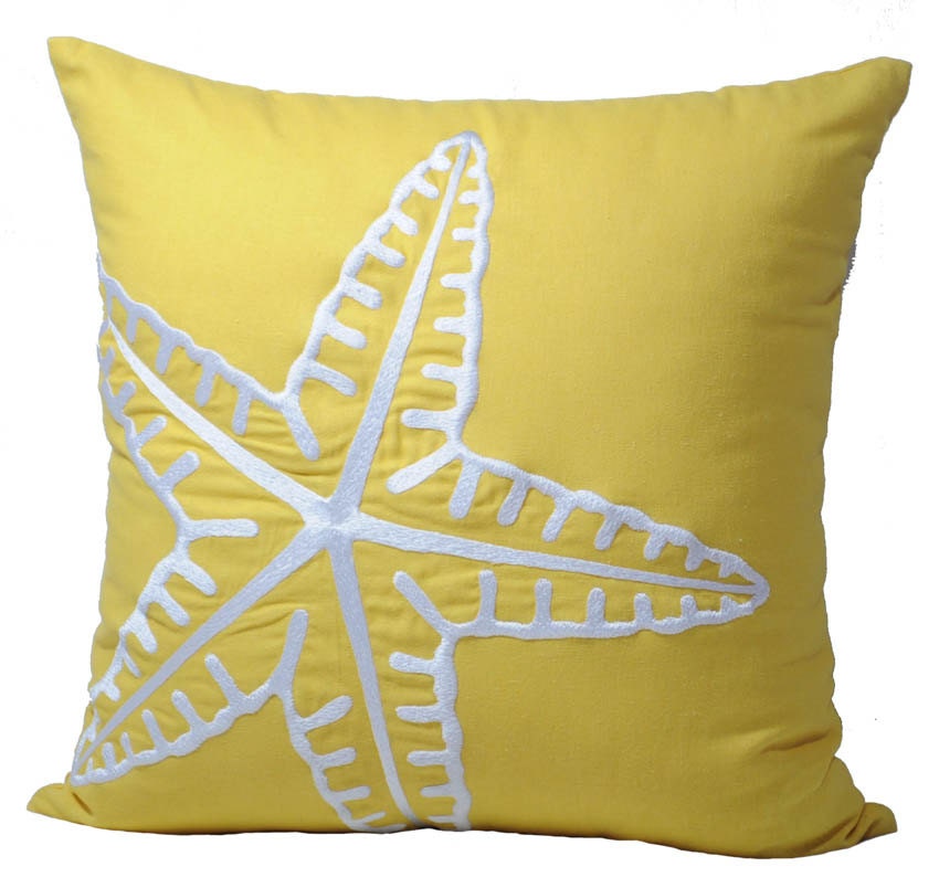 Modern Starfish Pillow Cover, Throw Pillow Cover 18 x 18, Yellow Citrine Linen with white Starfish embroidery, Nautical Cushion