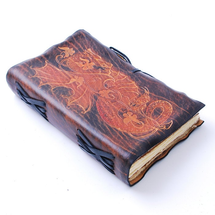 Red Dragon & Flowers in Brown Leather Journal
