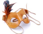 Yellow Leather Handmade Carnival Female Mask with feathers