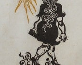 Woman, black and white linoleum block print, a proof, printed and signed by the artist