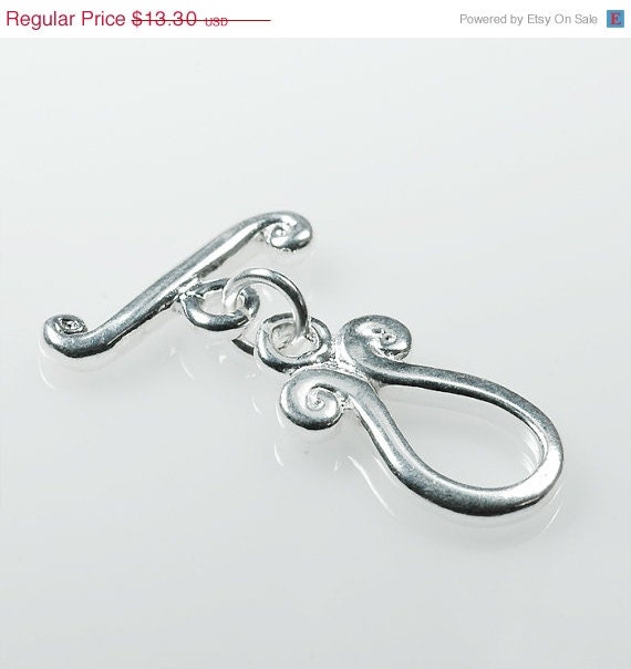 ON SALE Large Solid STERLING Silver Toggle Clasp set Teardrop and Wave Bar .925 silver clasp