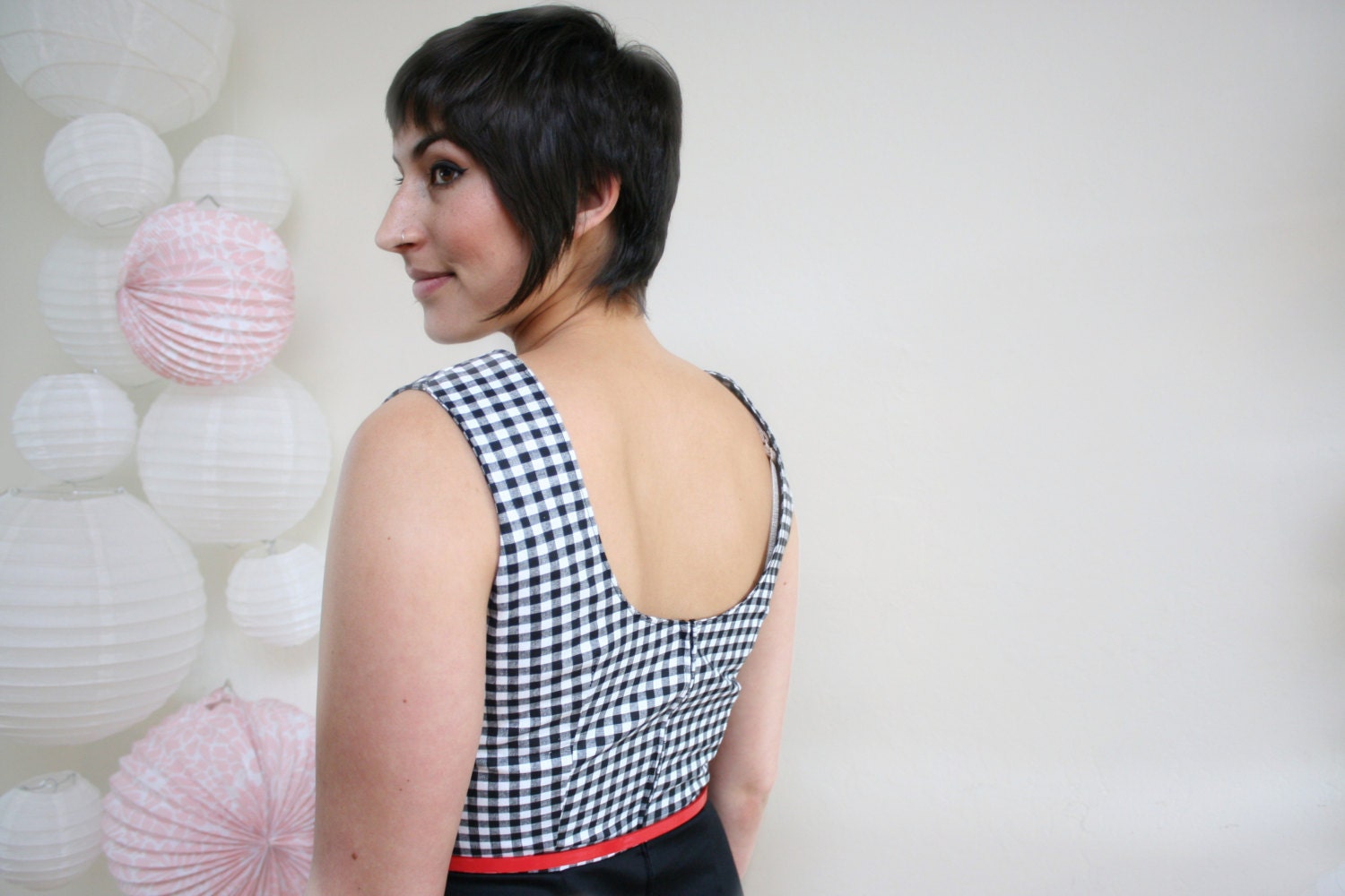 Black and White Gingham Fitted Dress- Knee Length Vintage Style Pencil Dress